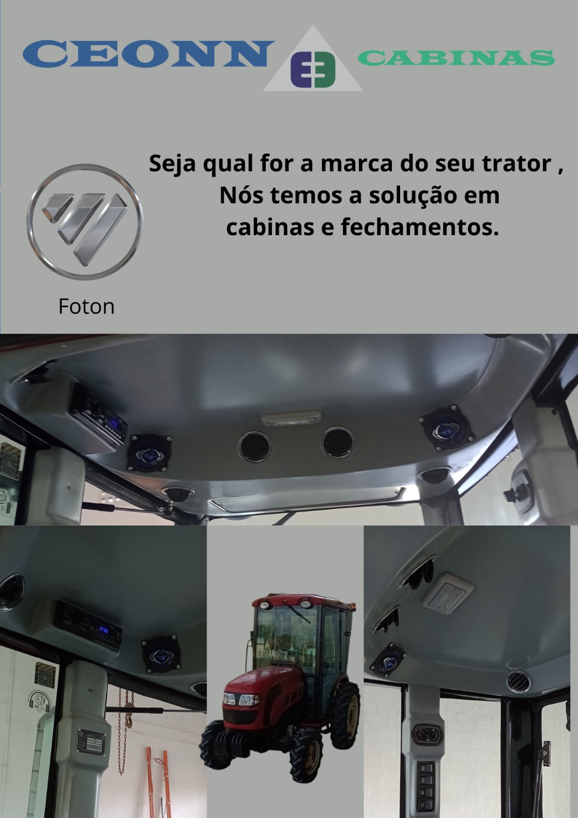 Cabina Ceonn E3 no Foton — interior com som, ar condicionado e acabamentos