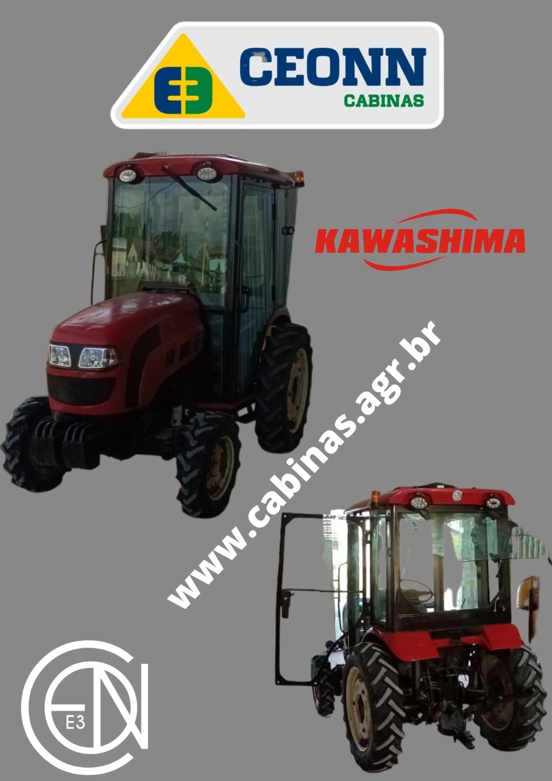 Kawashima com cabina Ceonn E3 — vistas frontal e traseira
