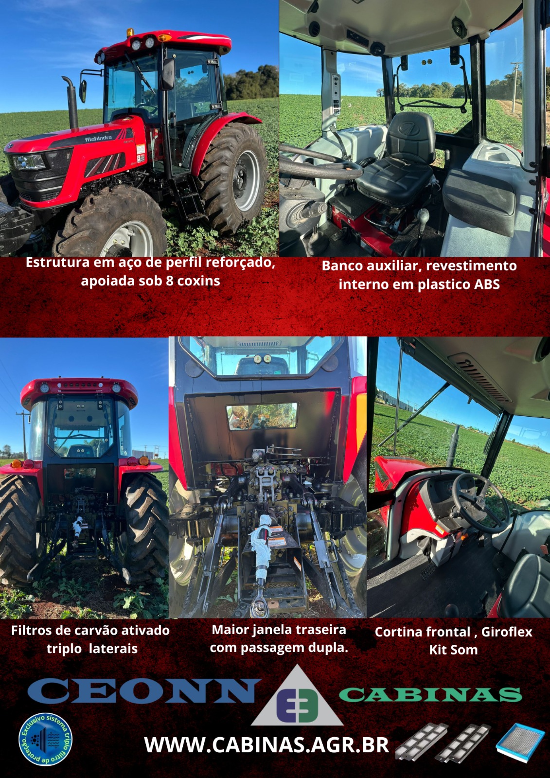 Mahindra 6075 com cabina Elite — estrutura em aço de perfil reforçado apoiada sob 8 coxins, banco auxiliar, revestimento interno em plástico ABS, filtros de carvão ativado triplo laterais, maior janela traseira com passagem dupla, cortina frontal, giroflex e kit som