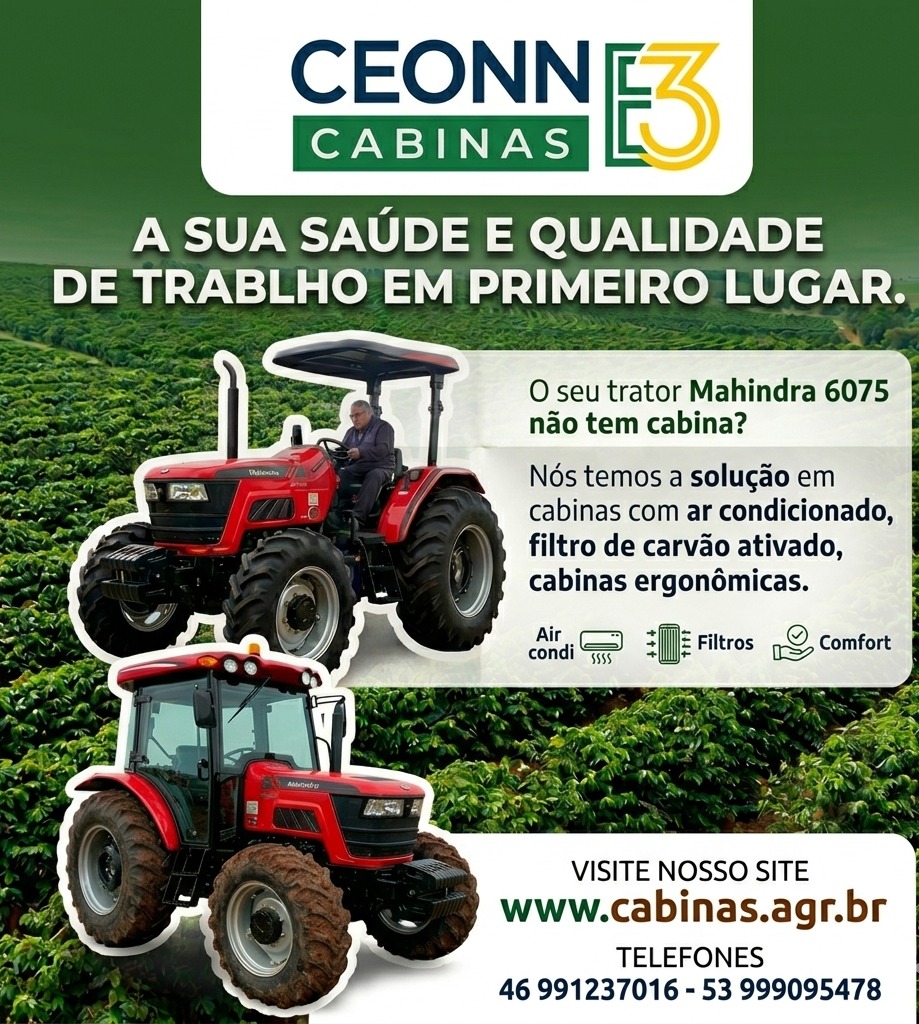 Mahindra 6075 — sua saúde e qualidade de trabalho em primeiro lugar. Cabinas com ar condicionado, filtro de carvão ativado e ergonomia premium