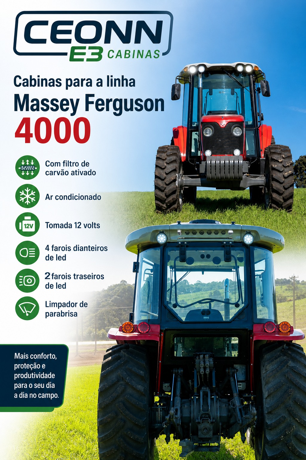 Cabinas para a linha Massey Ferguson 4000 — ar condicionado, filtro de carvão ativado, tomada 12V, 4 faróis dianteiros e 2 traseiros de LED, limpador de para-brisa