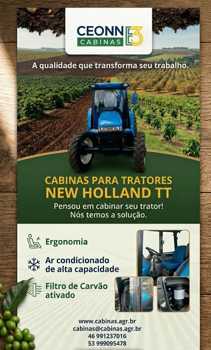 Cabinas para tratores New Holland TT — pensou em cabinar seu trator, nós temos a solução. Ergonomia, ar condicionado de alta capacidade e filtro de carvão ativado