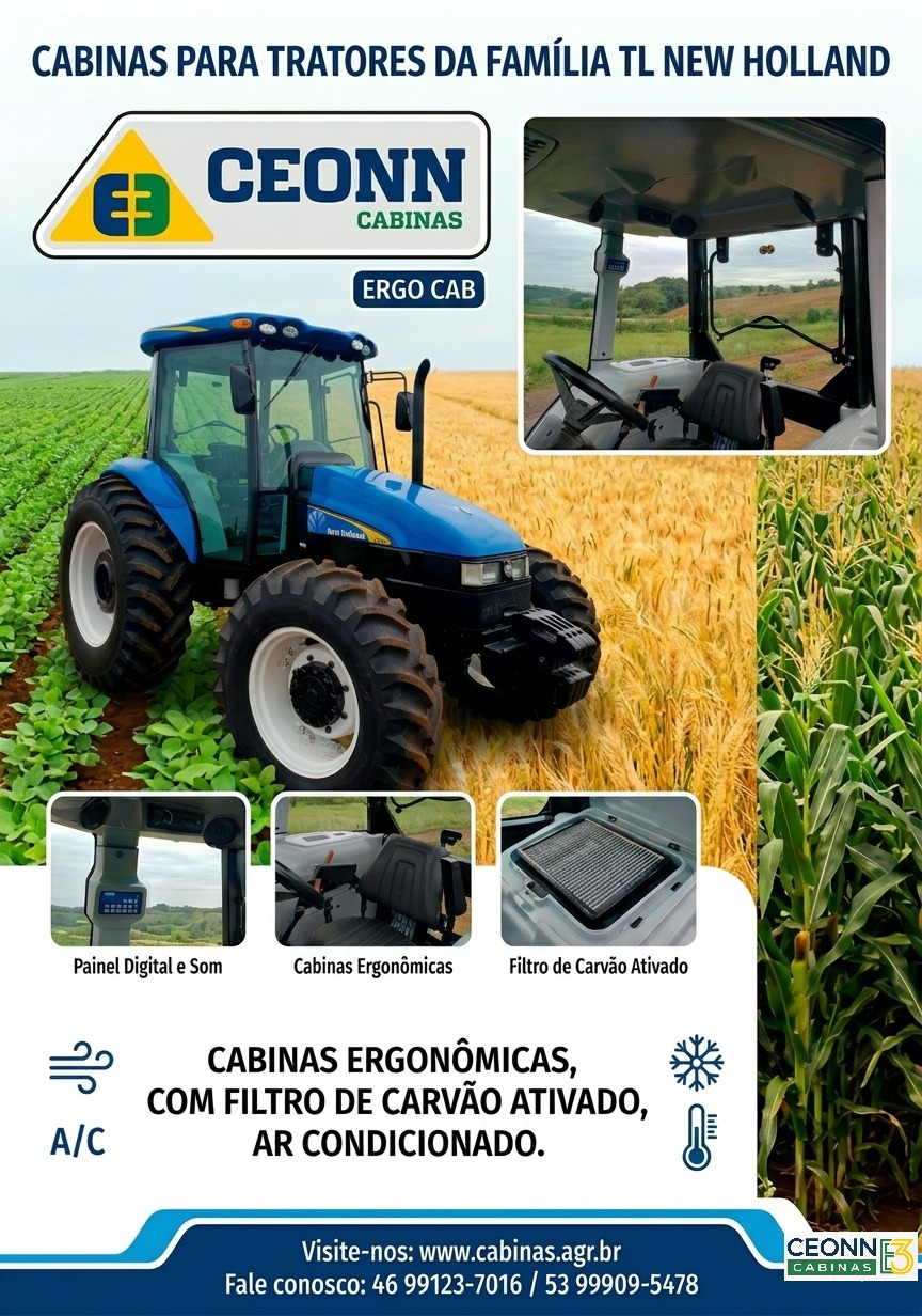 Cabinas para tratores da família TL New Holland — Ergo Cab com painel digital e som, cabinas ergonômicas, filtro de carvão ativado e ar condicionado
